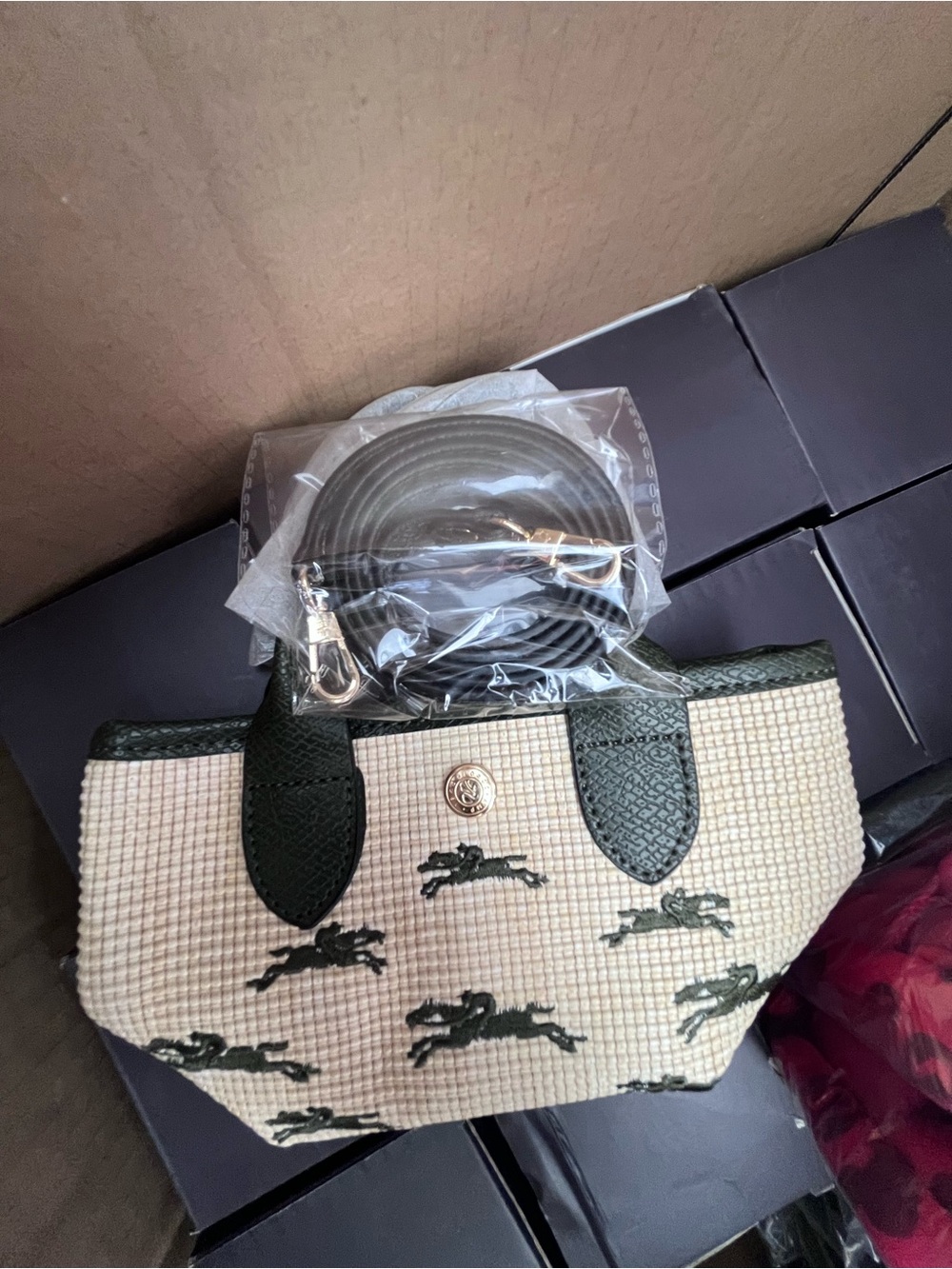 Longchamp Le Panier Green Trim Woven Mini Tote Leaping Horse Motif basket bag - Picture 3 of 5